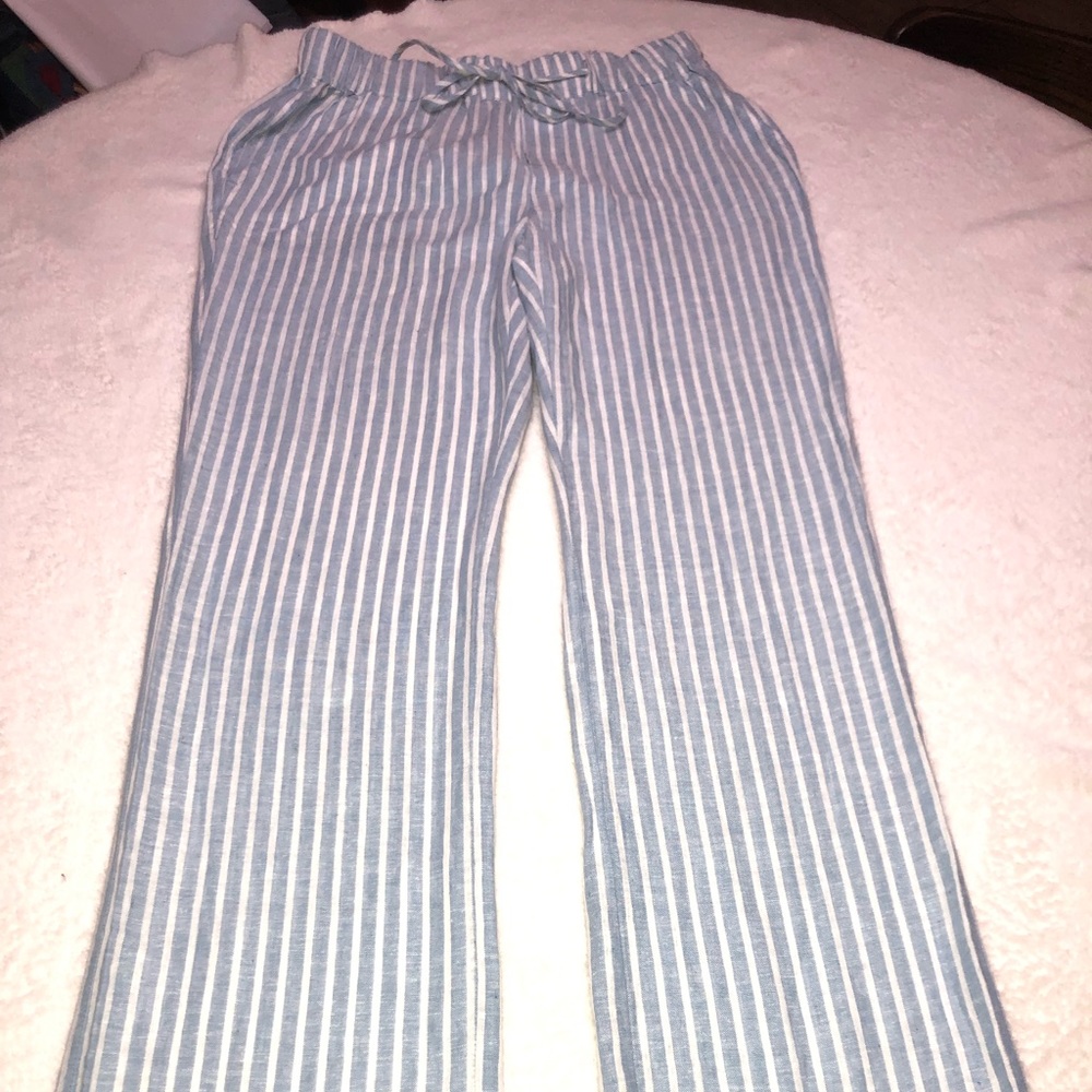 Joan Vass Linen/ Rayon Blend Pants. Light Blue and White striped. NWT Size S